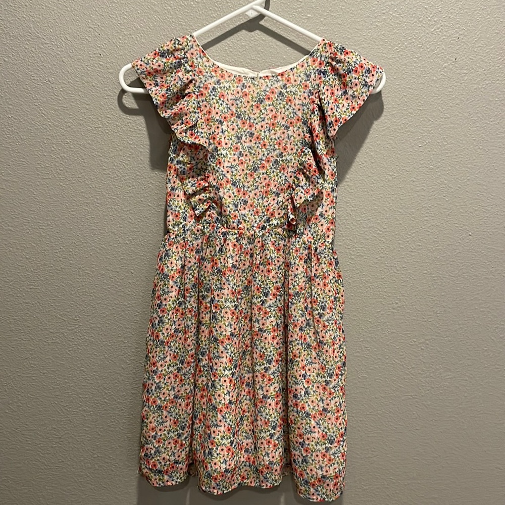 Pink and blue floral girls dress with ruffle sleeve